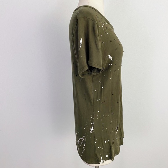 Chaser Olive Green Crew Neck Distressed Studded Paint Splatter T-Shirt Women’s M - Picture 4 of 9